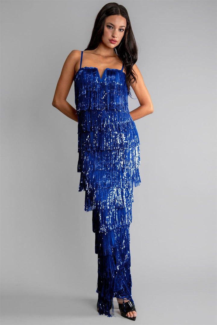 Vestido de fiesta anastasia azul con lentejuelas y tirantes tipo flapper