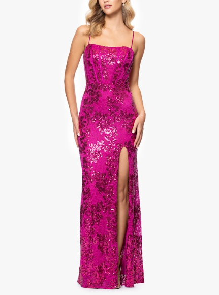 Vestido de noche Annie rosa fucsia tirantes y lentejuelas