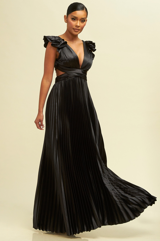 Vestido de noche Becca negro liso con escarolas en hombros y escote en v profundo