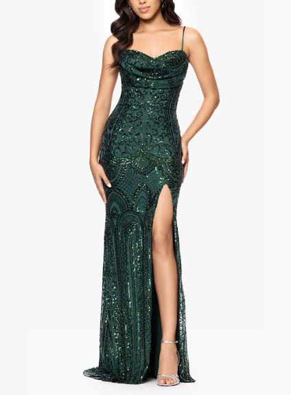 Vestido de noche Carrie verde esmeralda con tirantes y lentejuelas