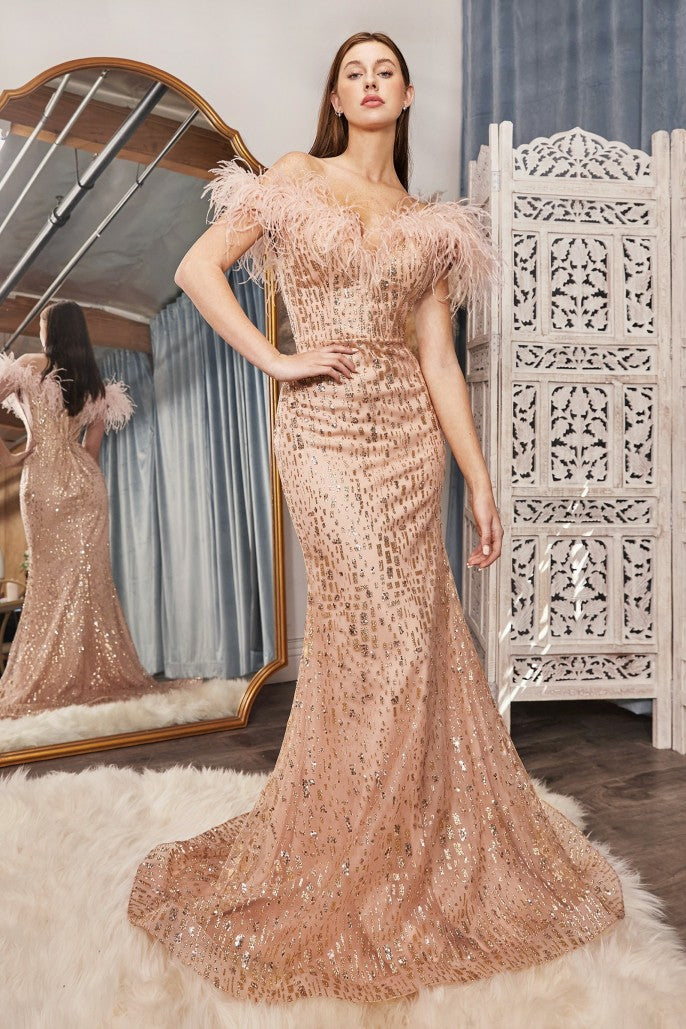 VESTIDO GINA ROSE GOLD LARGO CON PLUMAS