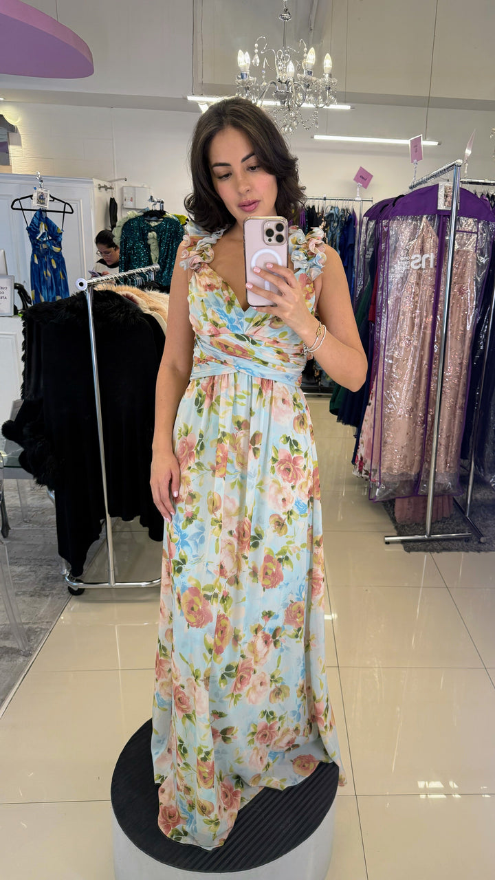Vestido Zenni Largo verde Floral con Tirantes Rizados y Escote en V