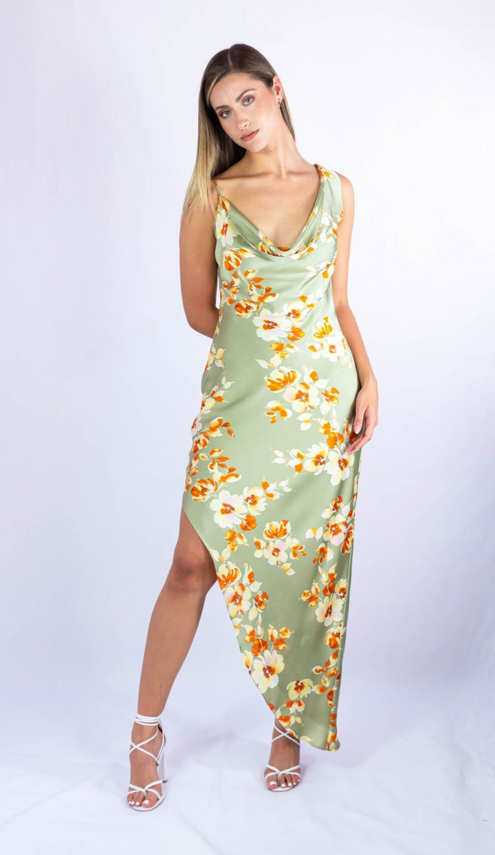 Vestido de fiesta día Libe verde tela satinada estampado floral