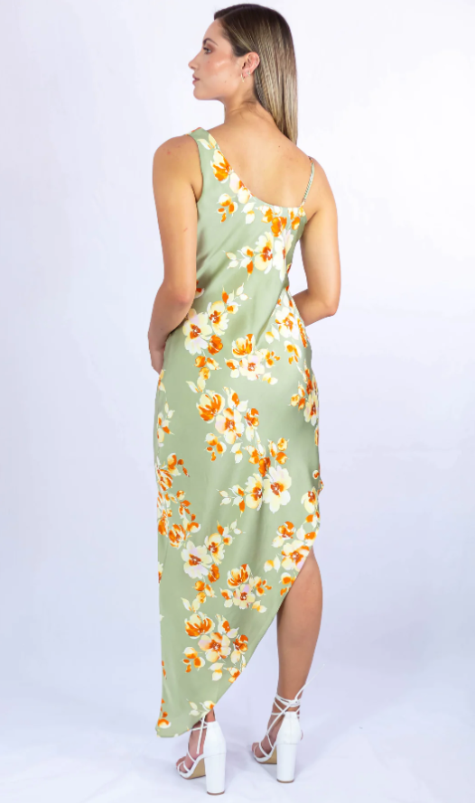 Vestido de fiesta día Libe verde tela satinada estampado floral