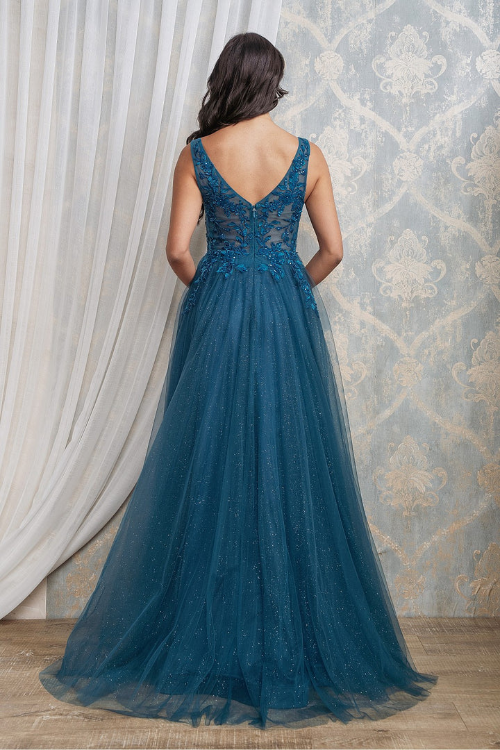 Vestido de fiesta Madrid azul teal floral y con pedrería