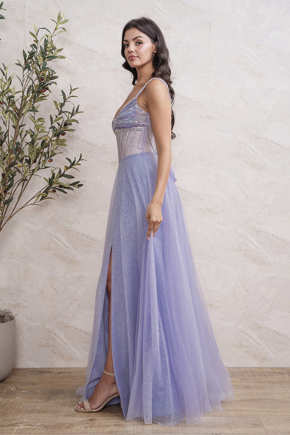 Vestido de noche Mareva lila falda tul con brillos