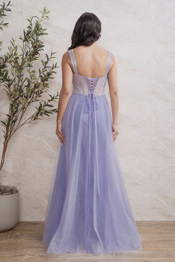 Vestido de noche Mareva lila falda tul con brillos