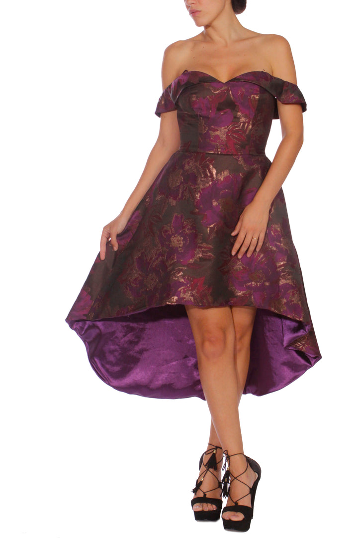 vestido new york morado con detalles en dorado