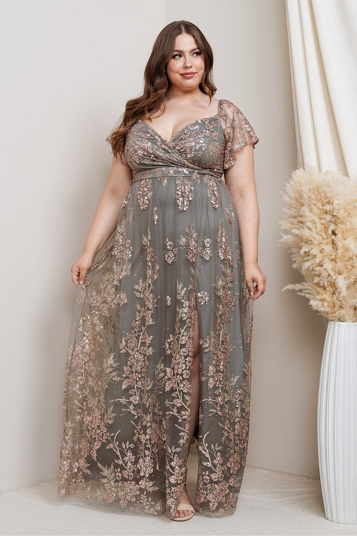 Vestido de noche Samira dorado bordado curvy