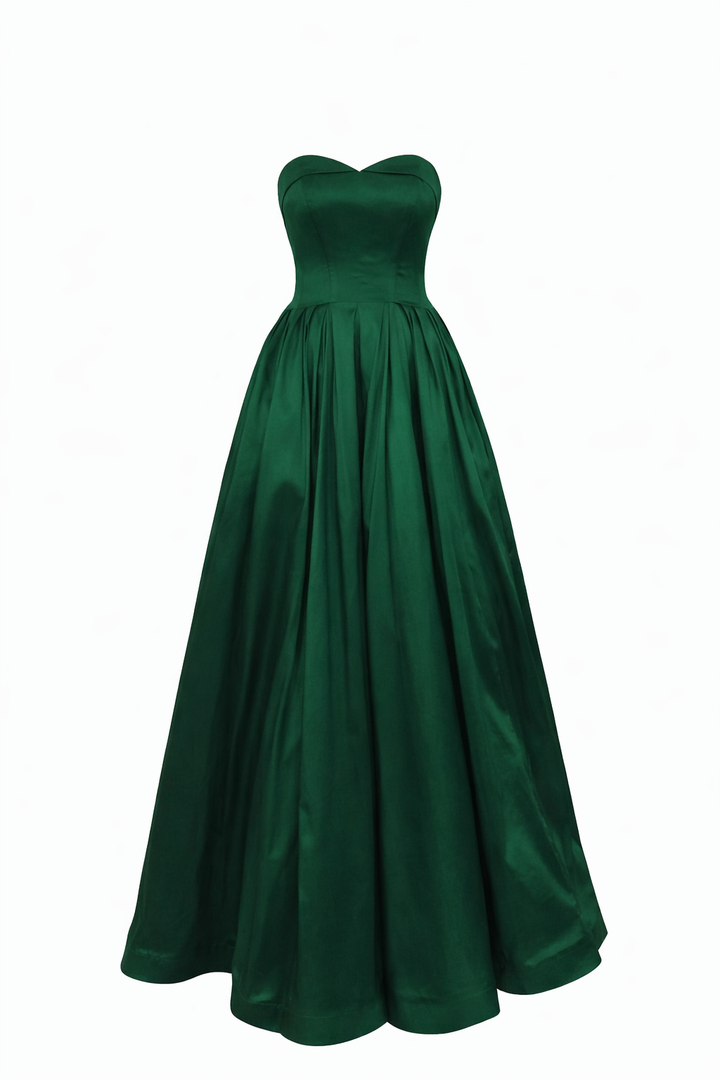 Vestido largo verde esmeralda con escote corazón y falda amplia