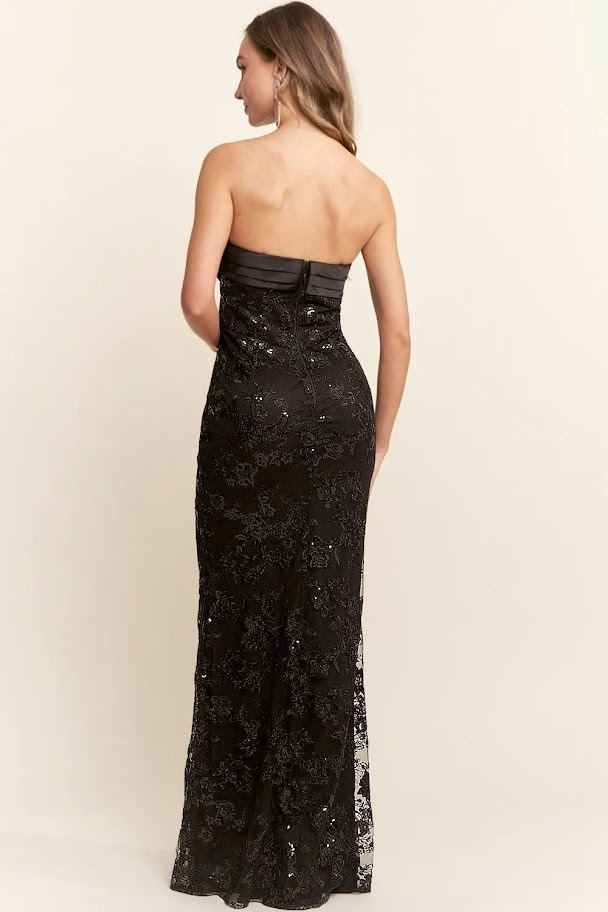 Vestido de Noche Avelina negro strapless, lentejuelas y encaje Renta