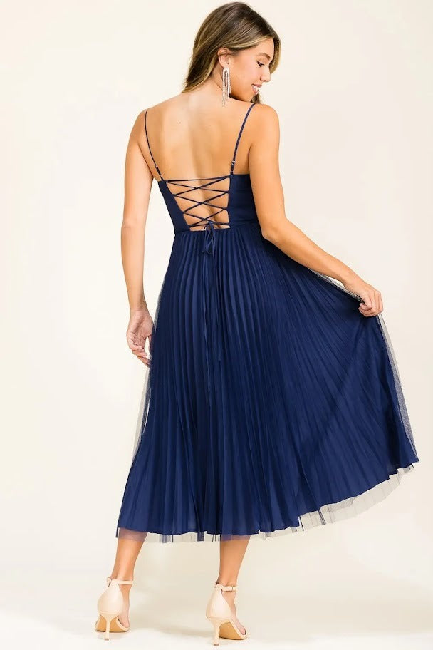 Vestido de fiesta Merina azul strapless falda plisada tul Midi