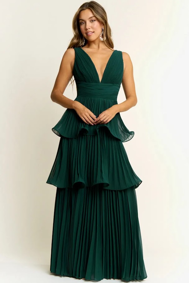 Vestido de fiesta Galicia verde esmeralda falda en capas