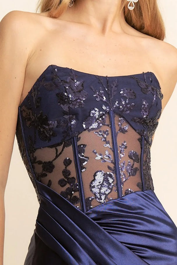 Vestido de fiesta Ancona navy strapless con encaje