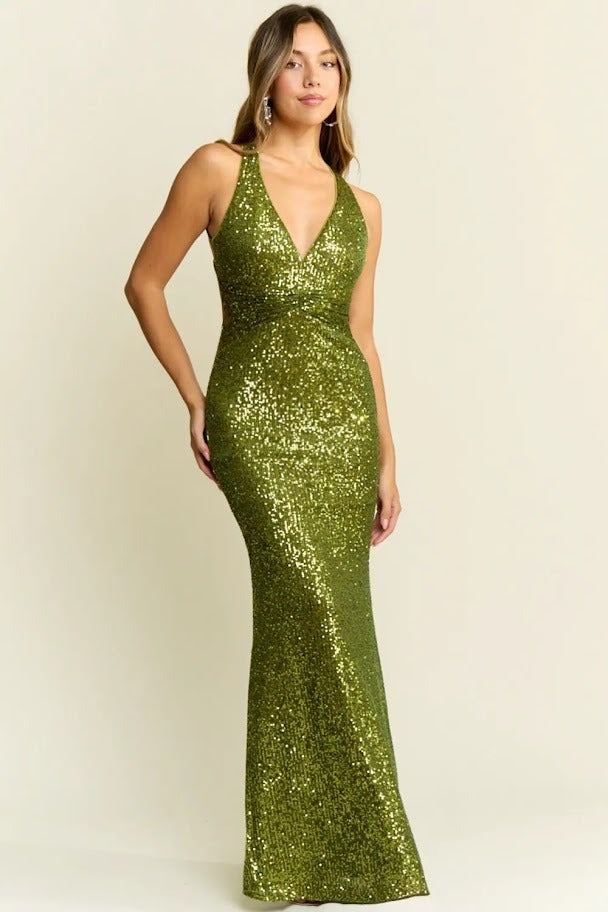 Vestido de fiesta Isabela olivo con lentejuelas renta