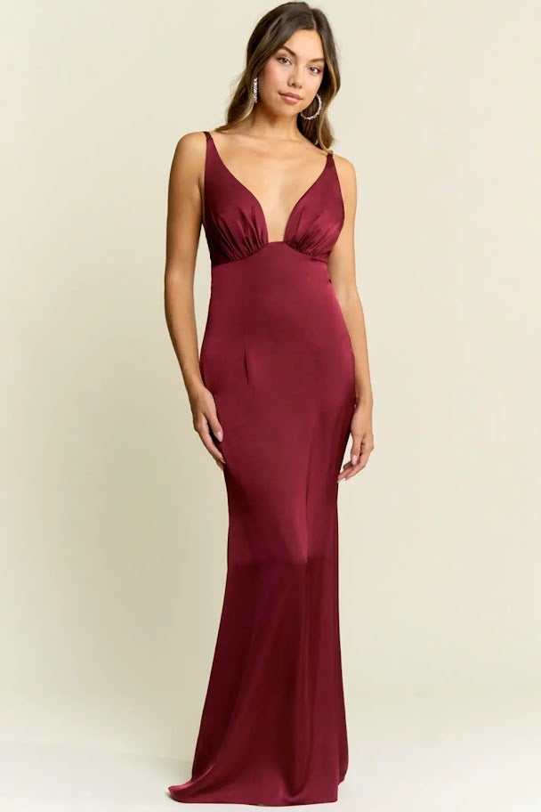 Vestido de fiesta Nara borgoña escote en V