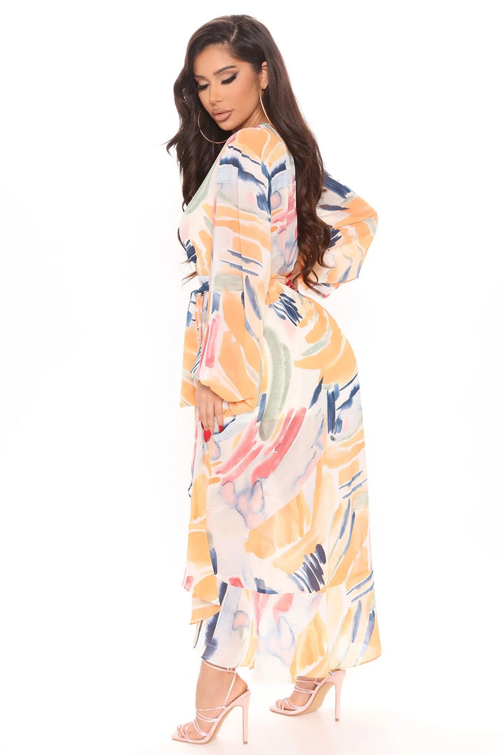 vestido amarilis multicolor midi