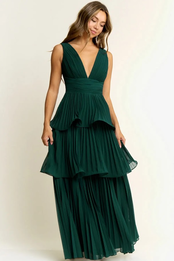 Vestido de fiesta Galicia verde esmeralda falda en capas