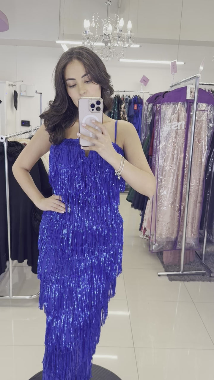 Vestido de fiesta anastasia azul con lentejuelas y tirantes tipo flapper