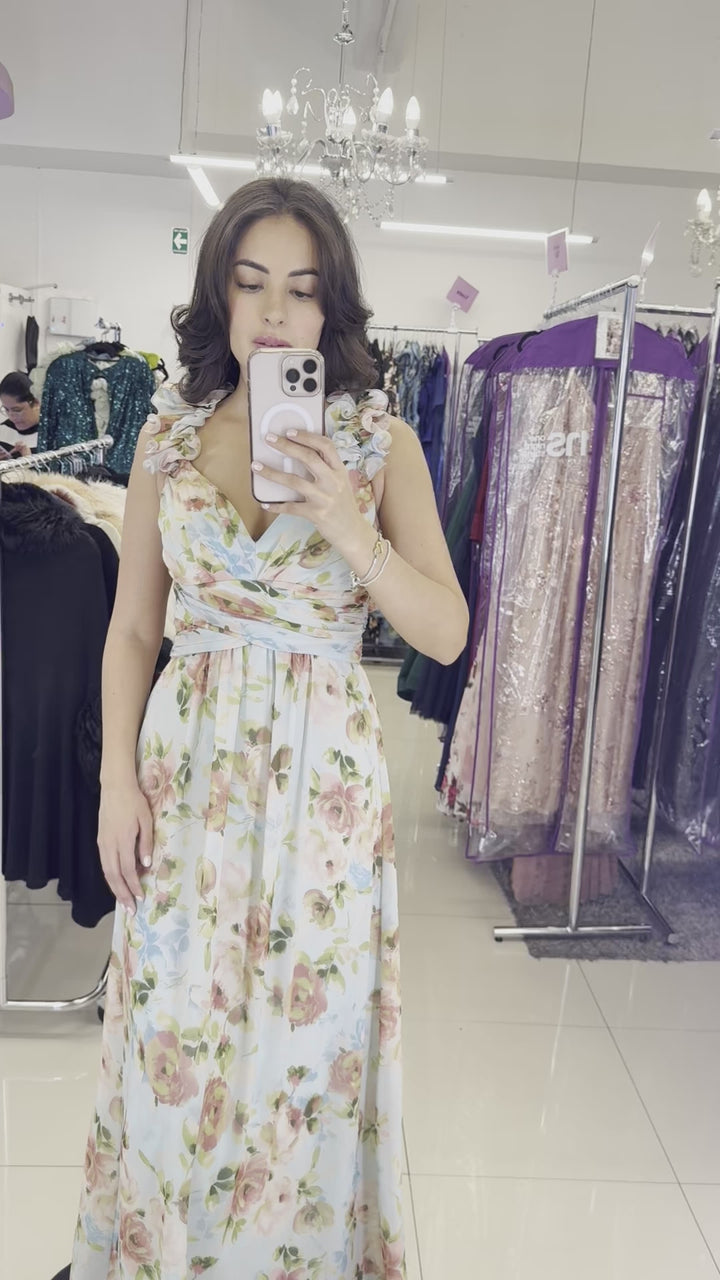 Vestido Zenni Largo verde Floral con Tirantes Rizados y Escote en V