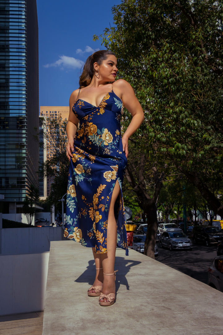 VESTIDO THIARE AZUL SATÍN CON TIRANTES