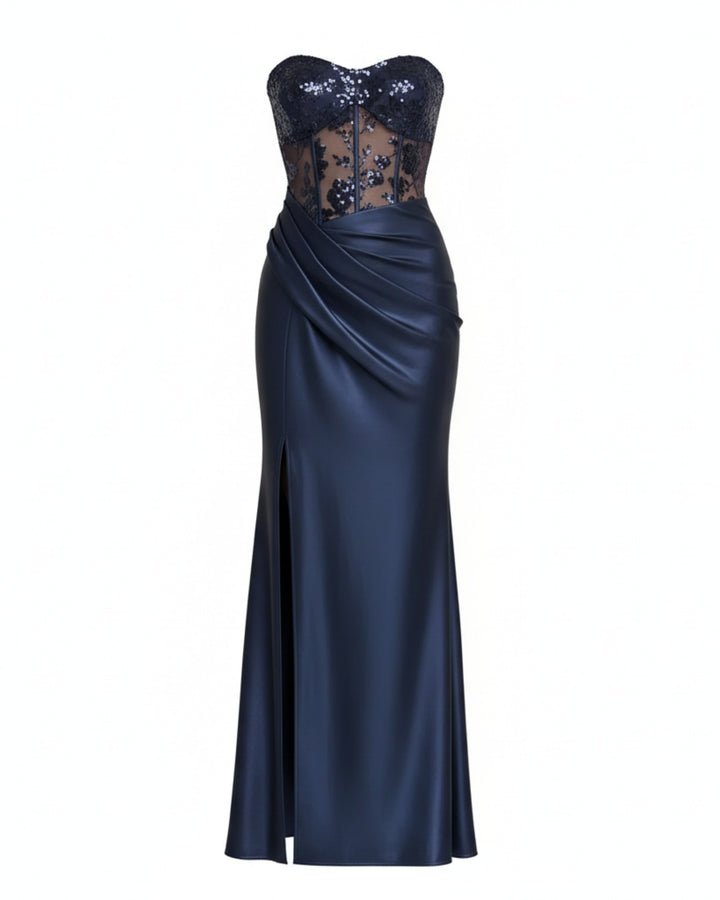 Vestido de fiesta Ancona navy strapless con encaje