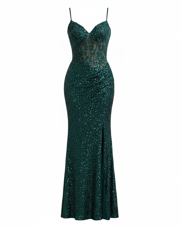 Vestido de noche Elira esmeralda con lentejuelas y bordado