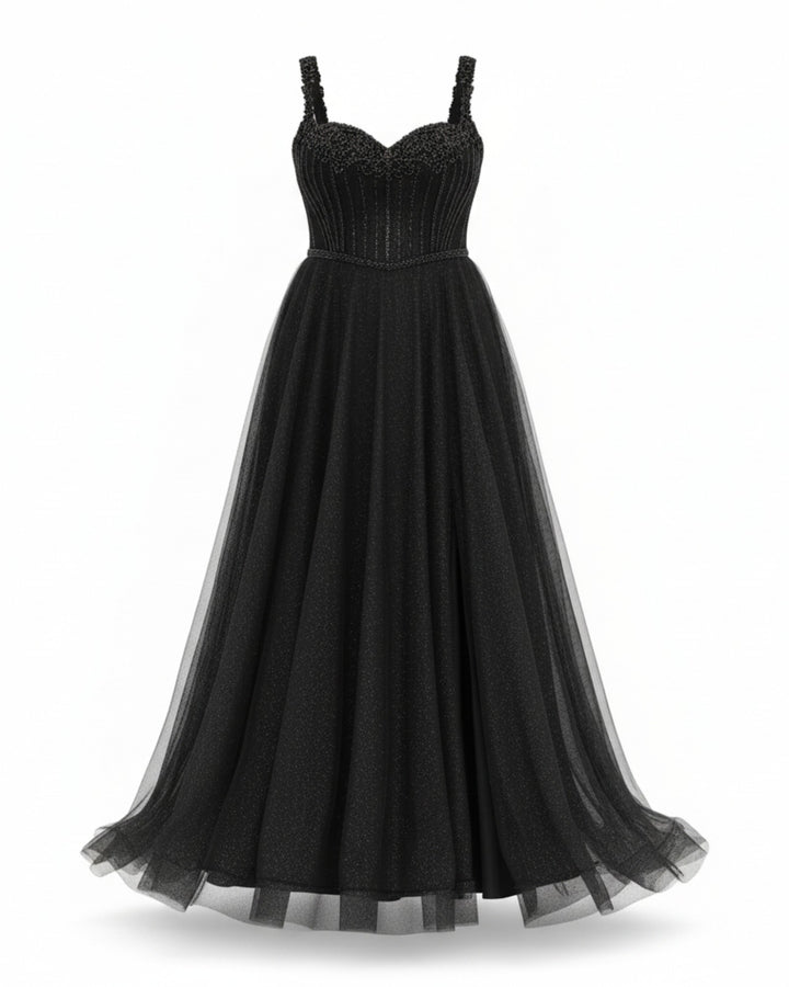 Vestido de noche Zyanya negro falda tul curvy y pedreria