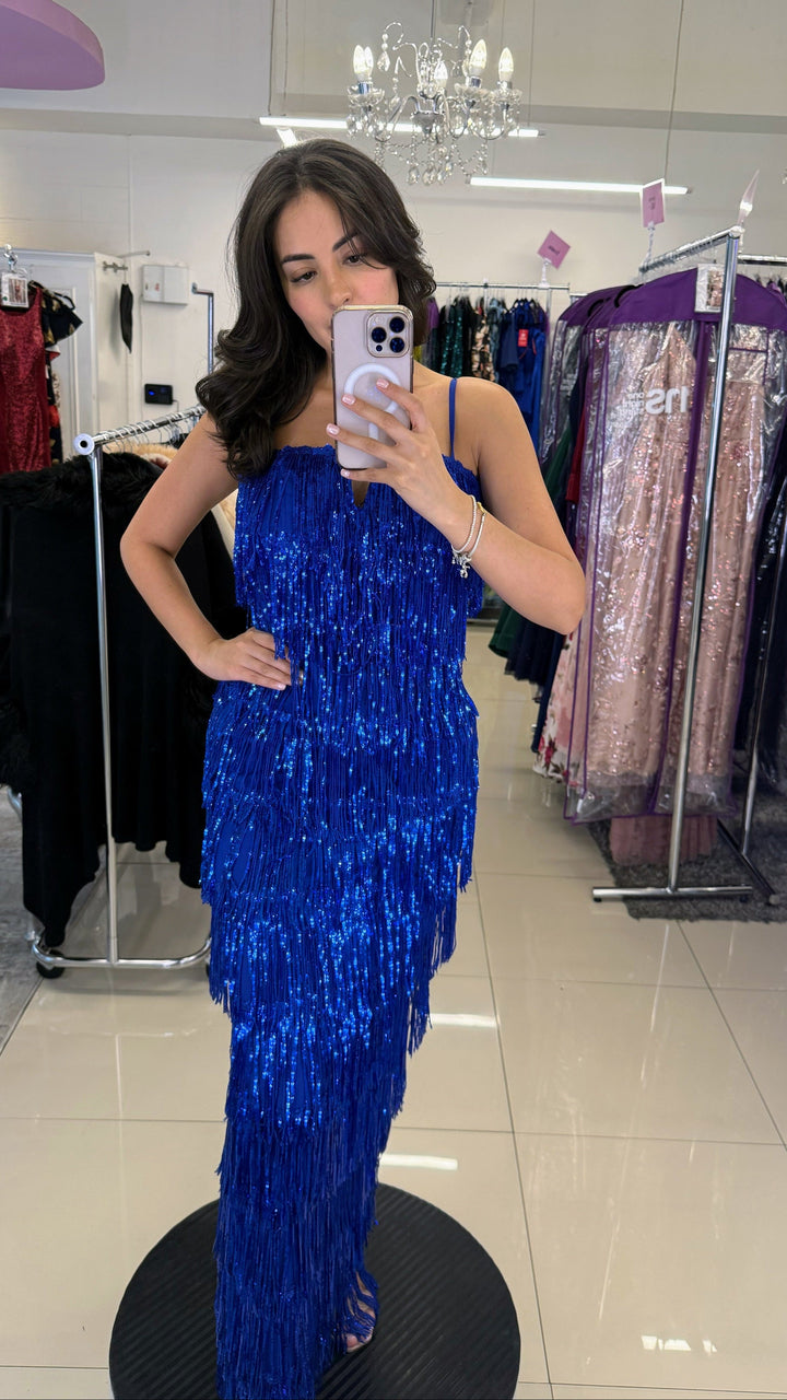 Vestido de fiesta anastasia azul con lentejuelas y tirantes tipo flapper